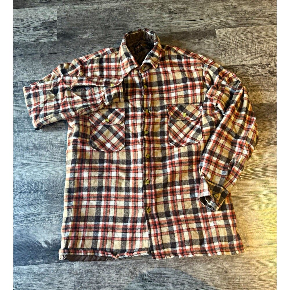 Vintage 70s Montgomery Ward Wool Quilted Flannel Shacket Plaid Medium